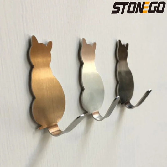 Cat Pattern Stainless Steel Adhesive Hooks – Set of 2