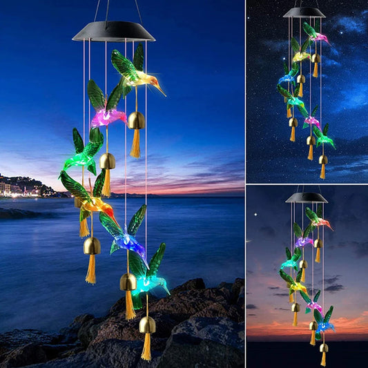 Outdoor Hanging Home Garden Romantic Hanging Pendant Wind Chimes Lights Led Solar Hummingbird Wind Chimes Color Changing Light