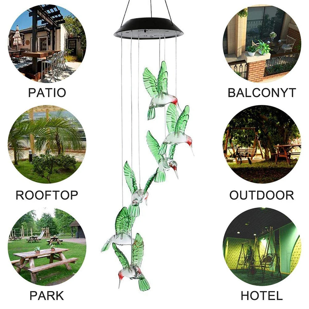 Outdoor Hanging Home Garden Romantic Hanging Pendant Wind Chimes Lights Led Solar Hummingbird Wind Chimes Color Changing Light