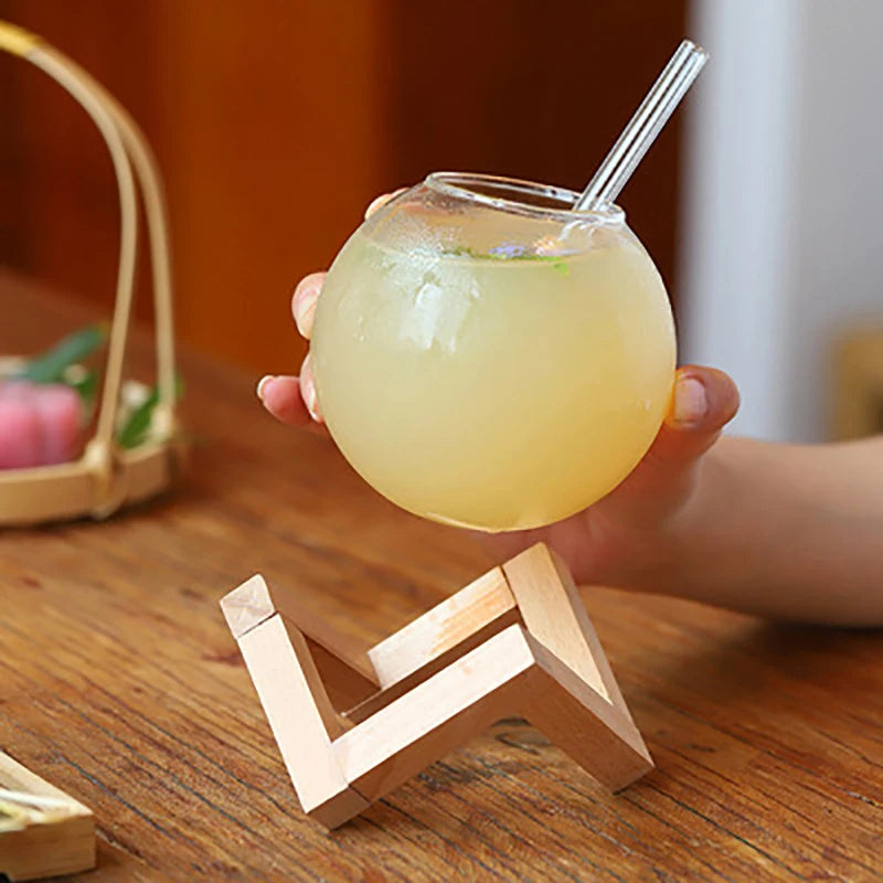 Cocktail Glass Cup With Wood Stand Creative Bar Glassware Drink Cup Ronud Ball Cocktail Mug Fruit Moon Juice Tumbler