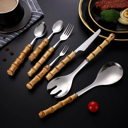 Houseware Tableware Stainless Steel Bamboo Handle 7pcs Stainless Steel Fork Spoon Knife Set Tableware Deluxe High Quality