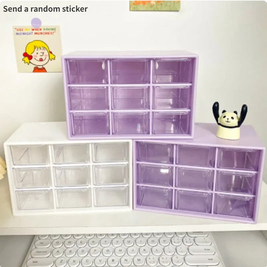 Cute Desktop 9 Grid Storage Boxes Organizer Transparent Small Drawer Student Desk Sundries Accessory Storage Box Kawayi Stickers