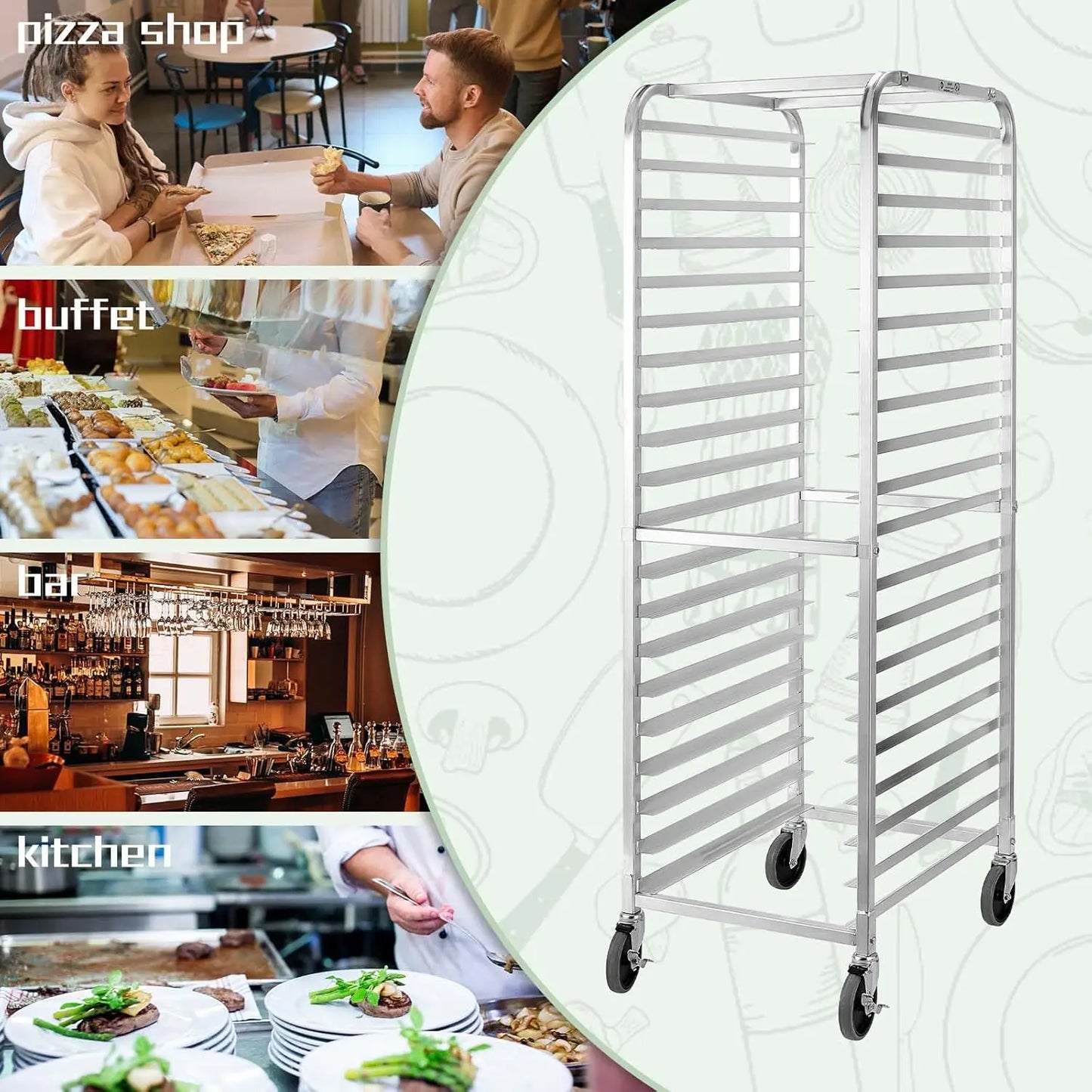 Bun Pan Rack 20 Tier with Wheels, Commercial Bakery Racking of Aluminum for Full & Half Sheet - Kitchen,