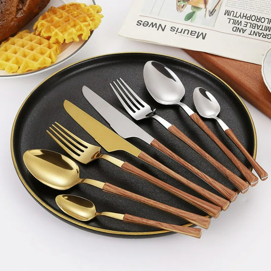 Housewares Tableware Stainless Steel Imitation Wood Handle 4 Piece Stainless Steel Fork Spoon Knife Set Tableware Deluxe Quality