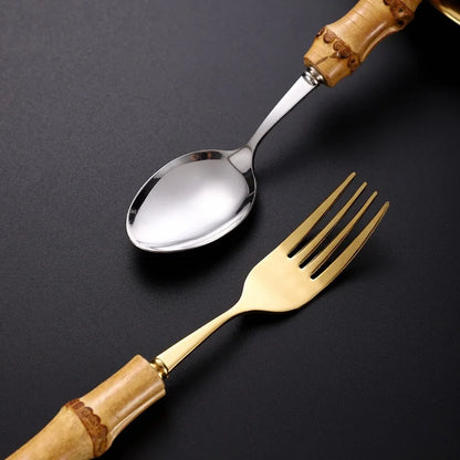 Houseware Tableware Stainless Steel Bamboo Handle 7pcs Stainless Steel Fork Spoon Knife Set Tableware Deluxe High Quality