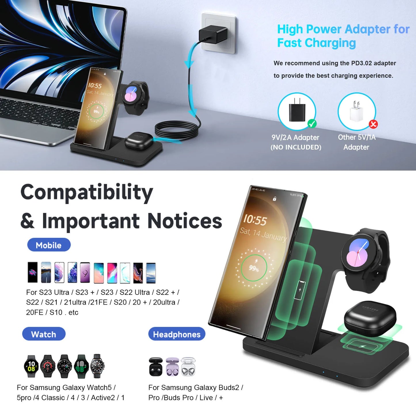 3 in 1 Wireless Charger Station for Samsung S23/S22/S21/Note 20 Z Flip Fold 4/3 Fast Charging Stand for Galaxy Watch 5/Pro Buds