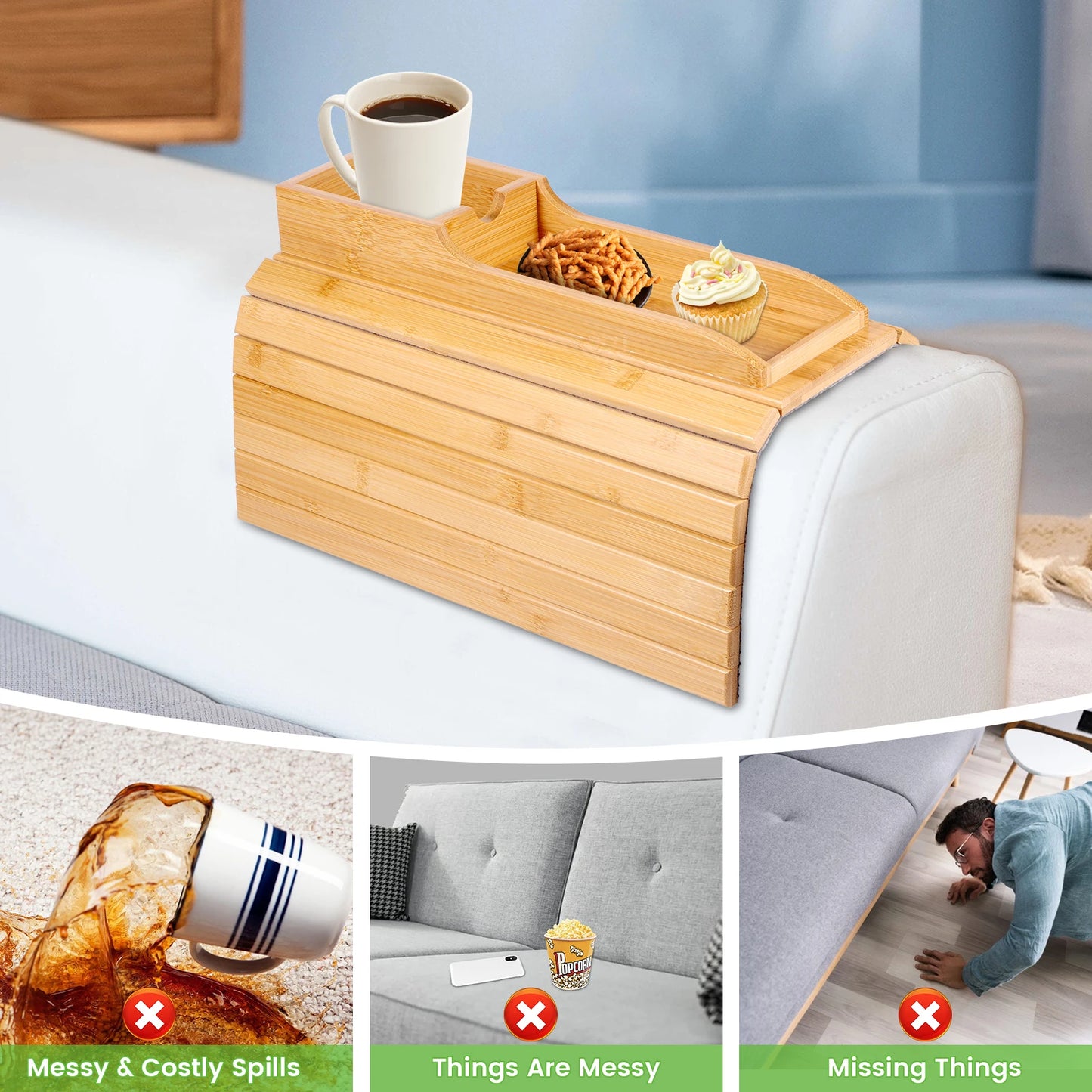 Couch Cup Holder Natural Bamboo Sofa Armrest Tray Foldable Sofa Cup Holder Anti-Slip Couch Arm Cup Holder Multifunctional Sofa