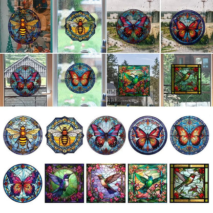 Stained Glass Window Film - Hummingbirds, Bee, Butterfly Pattern