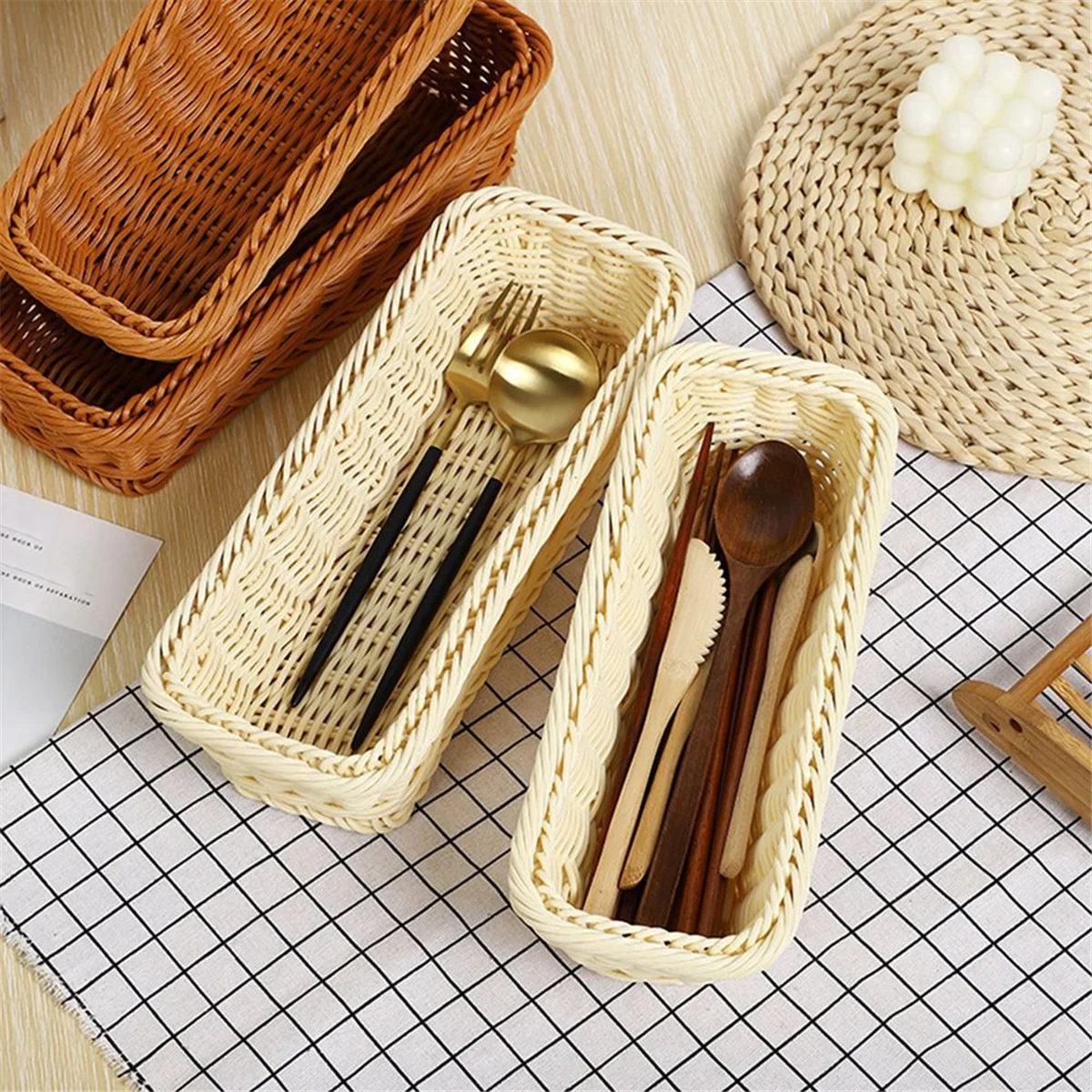 Plastic Rattan Woven Basket Spoon Fork Knife Chopsticks Storage Tableware Organizer Kitchen Cutlery Drain Holder B