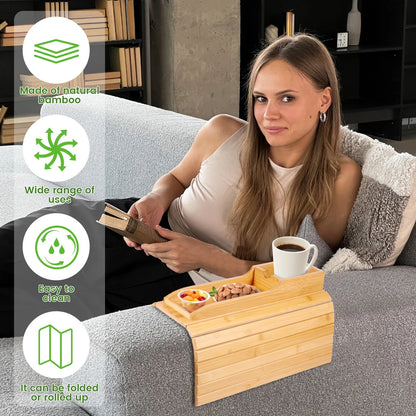 Couch Cup Holder Natural Bamboo Sofa Armrest Tray Foldable Sofa Cup Holder Anti-Slip Couch Arm Cup Holder Multifunctional Sofa