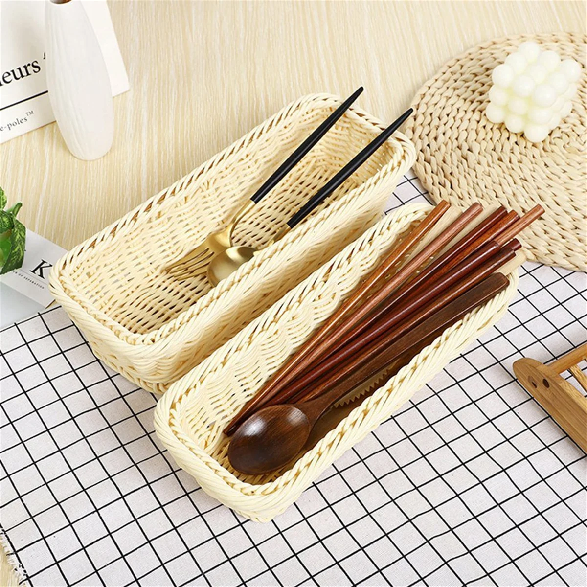 Plastic Rattan Woven Basket Spoon Fork Knife Chopsticks Storage Tableware Organizer Kitchen Cutlery Drain Holder B