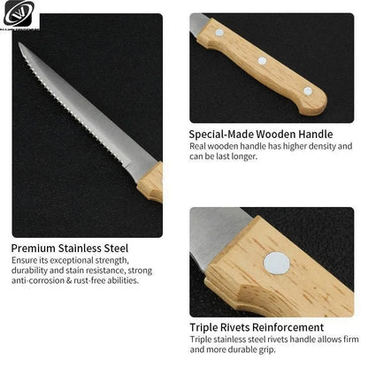 Steak Knives Fine Edge Highly Resistant And Durable Stainless Steel Serrated Steak Knives Wooden Handle With Box Steak Knife Set