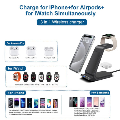 DCAE 3-in-1 Wireless Charging Station – Fast, Safe, and Organized For IPhone 15 14 13 12 11Apple Watch , Airpods Pro 2 3 IWatch 9 8 7 6