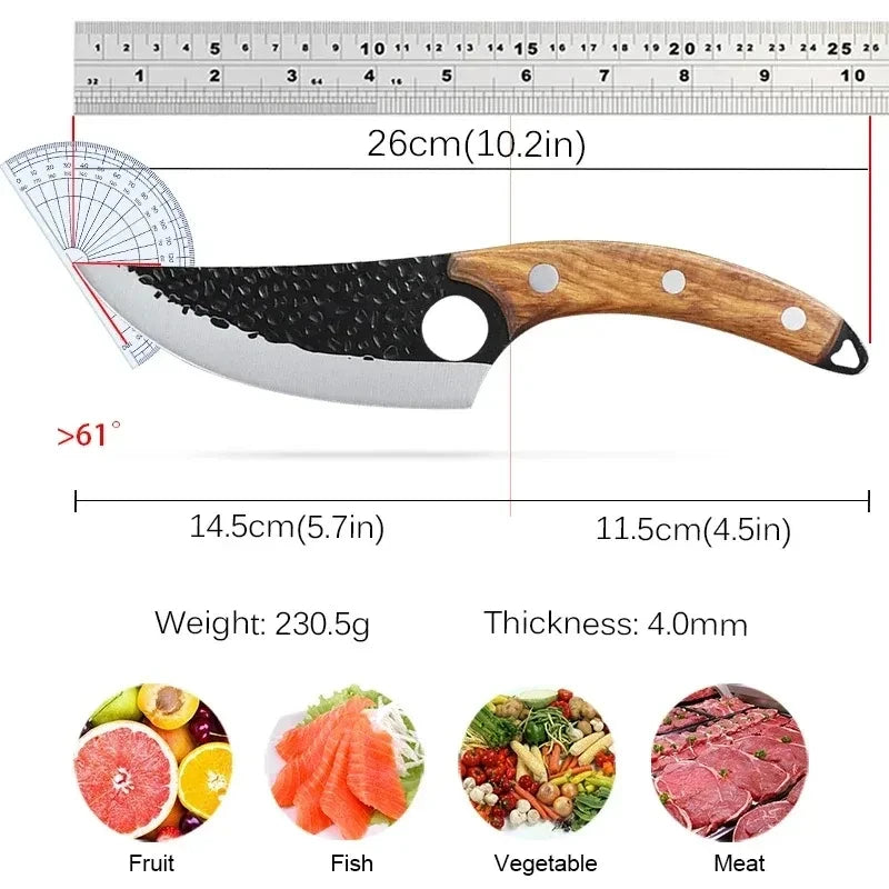 Forged Hammered Stainless Steel Kitchen Knife Meat and Vegetable Cutting and Boning Knife Solid Wood Handle with Leather Case