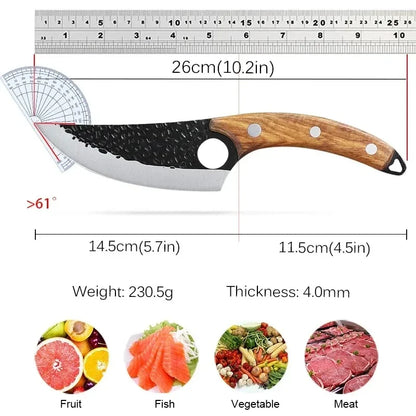 Forged Hammered Stainless Steel Kitchen Knife Meat and Vegetable Cutting and Boning Knife Solid Wood Handle with Leather Case