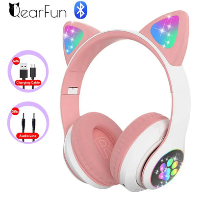 Qearfun Flash Light Cute Cat Ear Headphones Wireless with Mic Can close LED Kids Girl Stereo Phone Music Bluetooth Headset Gamer