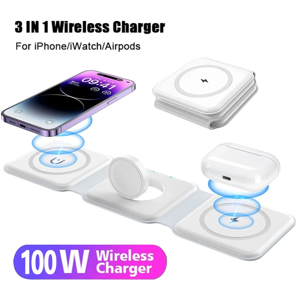 3-in-1 Wireless Charging Station for Apple MaCSafe Charger, Foldable Travel Charger for iPhone Apple Watch AirPods Pro