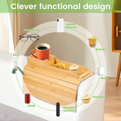 Couch Cup Holder Natural Bamboo Sofa Armrest Tray Foldable Sofa Cup Holder Anti-Slip Couch Arm Cup Holder Multifunctional Sofa