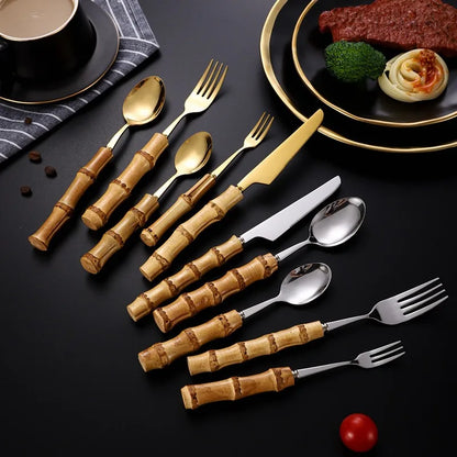 Houseware Tableware Stainless Steel Bamboo Handle 7pcs Stainless Steel Fork Spoon Knife Set Tableware Deluxe High Quality