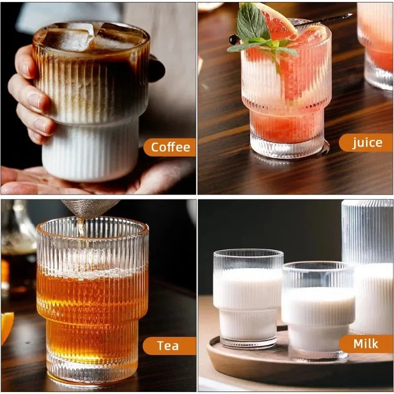 Coffee Glass Cups Stackable Transparent Glassware Glass Cup Simple Stripe Beverages Soda Water Juice Mug Drinkware Tumblers Gift