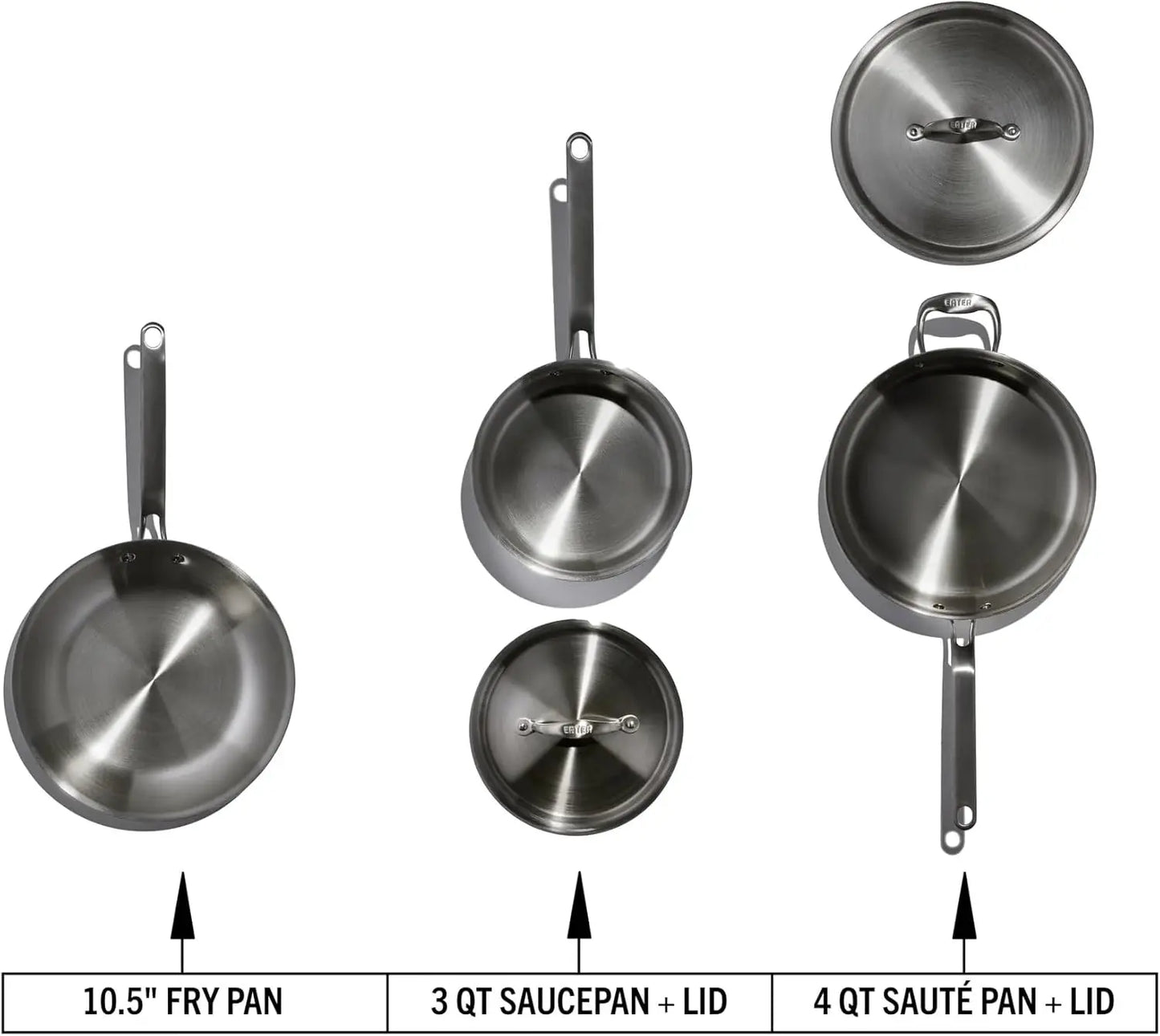 Heritage Steel x Eater 5 Piece Essentials Set | Made in USA |5 Ply Fully Clad Stainless Steel Cookware Set | Stay Cool Handle