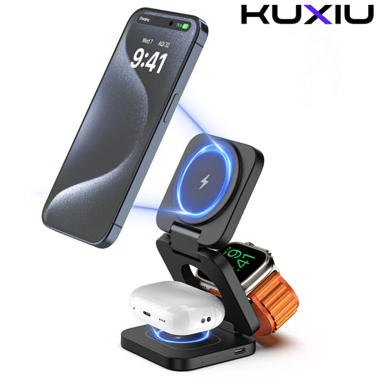 KUXIU 3-in-1 Magnetic Wireless Charging Station with Power Bank – For iPhone, AirPods & iWatch