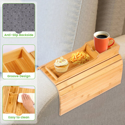 Couch Cup Holder Natural Bamboo Sofa Armrest Tray Foldable Sofa Cup Holder Anti-Slip Couch Arm Cup Holder Multifunctional Sofa