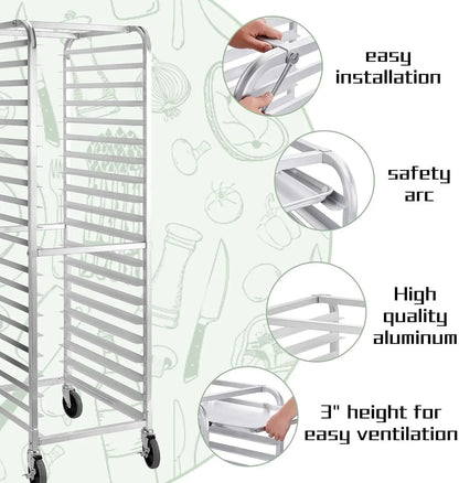 Bun Pan Rack 20 Tier with Wheels, Commercial Bakery Racking of Aluminum for Full & Half Sheet - Kitchen,