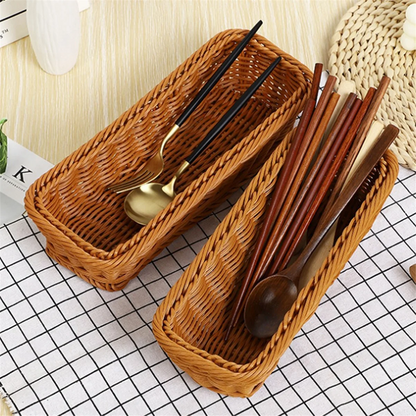 Plastic Rattan Woven Basket Spoon Fork Knife Chopsticks Storage Tableware Organizer Kitchen Cutlery Drain Holder B