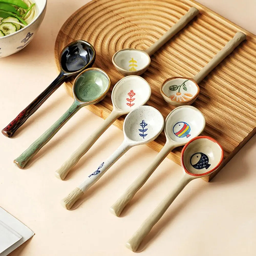 Stoneware Long Handle Teaspoon Kicthen Cooking Utensil Household Scoop Dinnerware Tableware Soup Spoons Spoon