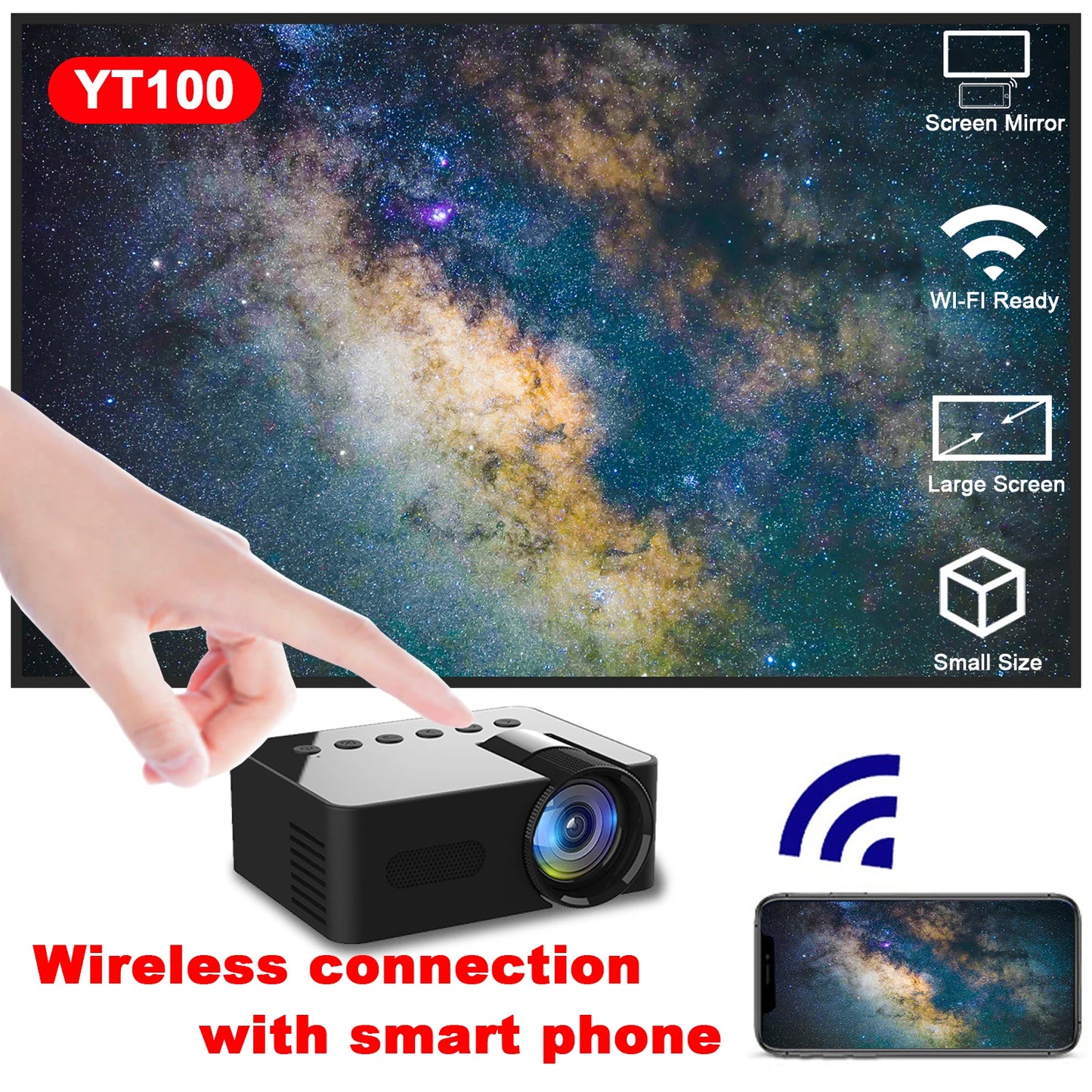 YT100 Mini Projector Mobile Video Wifi Smart Portable Home Theater Wireless Multiscreen for iPhone Android Cinema Kids Gift