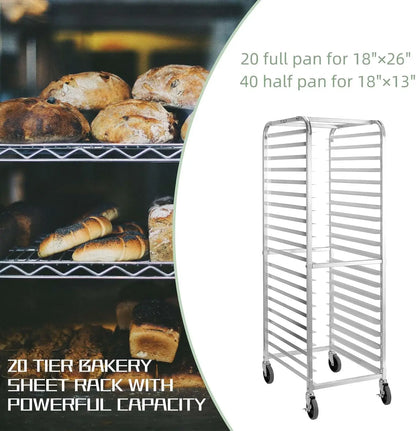 Bun Pan Rack 20 Tier with Wheels, Commercial Bakery Racking of Aluminum for Full & Half Sheet - Kitchen,