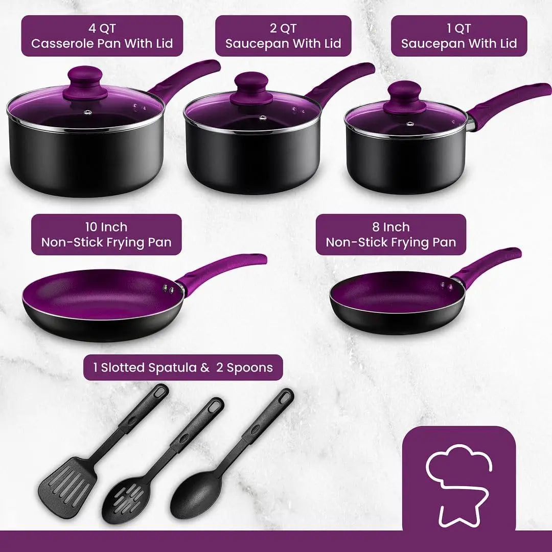 NEW Star Pots And Pans Set Kitchen Cookware Sets Nonstick Aluminum Cooking Essentials 11 Pieces Purple