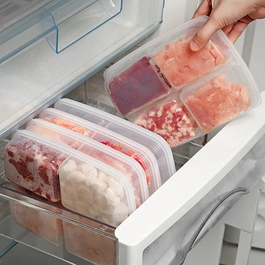 1pc Transparent Four Grid Refrigerator Large Capacity Storage Box Frozen Meat Compartment Food Sub-packed Kitchen Tools