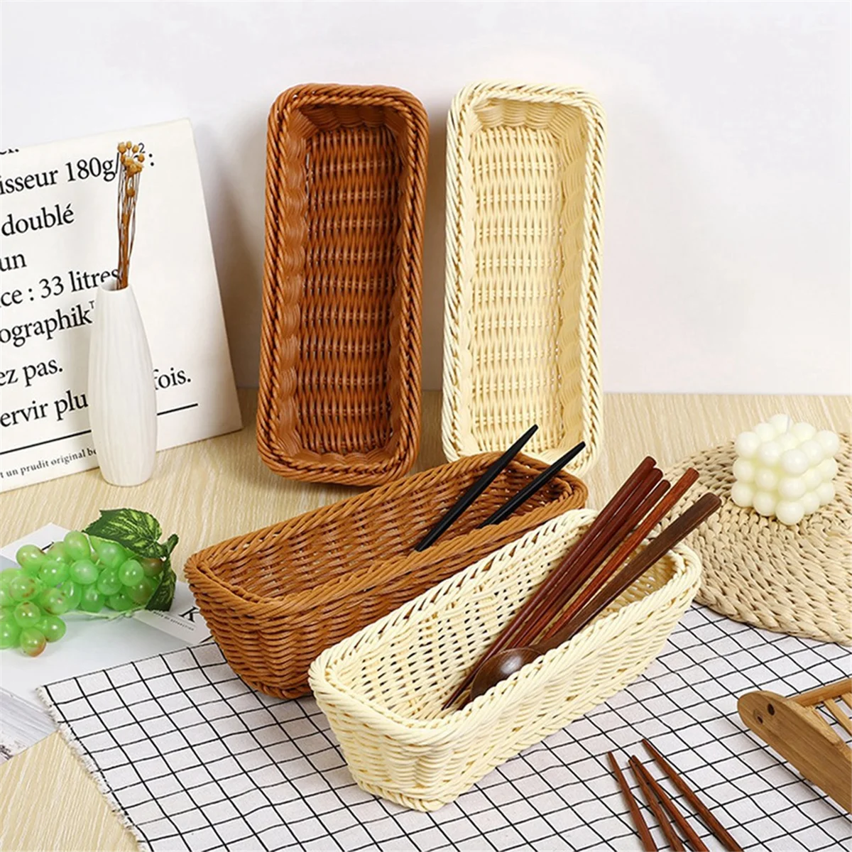 Plastic Rattan Woven Basket Spoon Fork Knife Chopsticks Storage Tableware Organizer Kitchen Cutlery Drain Holder B