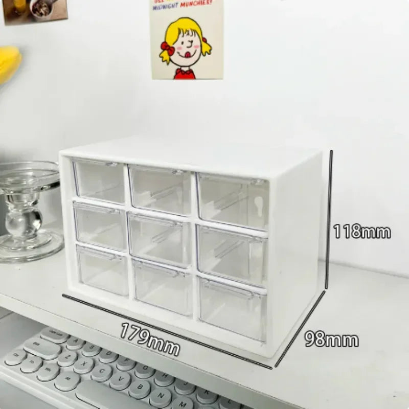 Cute Desktop 9 Grid Storage Boxes Organizer Transparent Small Drawer Student Desk Sundries Accessory Storage Box Kawayi Stickers