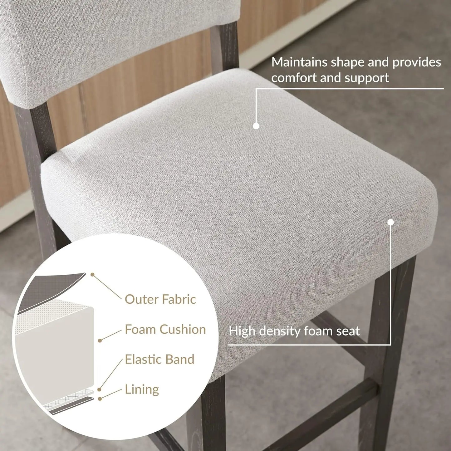 Upholstered Back Counter Height Stool with Wood Base, Set of 2, for Kitchen Counters and Islands