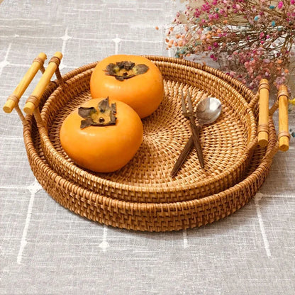 Woven Rattan Storage Basket Bread Storage Basket Fruit Cake Snacks Round Tray Picnic Basket Hand Woven Rattan Storage Tray Hot