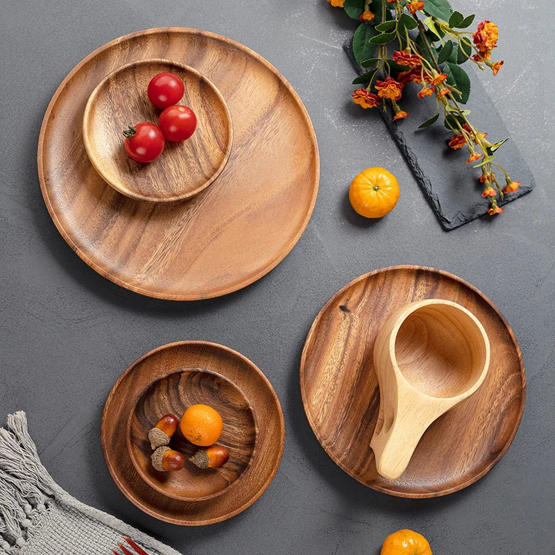 1PC Natural Whole Wood Lovesickness Wood Round Handmade Acacia Plate Round Sushi Dish Dessert Fruit Bread Dishes Soup Tableware