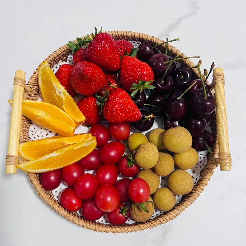 Woven Rattan Storage Basket Bread Storage Basket Fruit Cake Snacks Round Tray Picnic Basket Hand Woven Rattan Storage Tray Hot