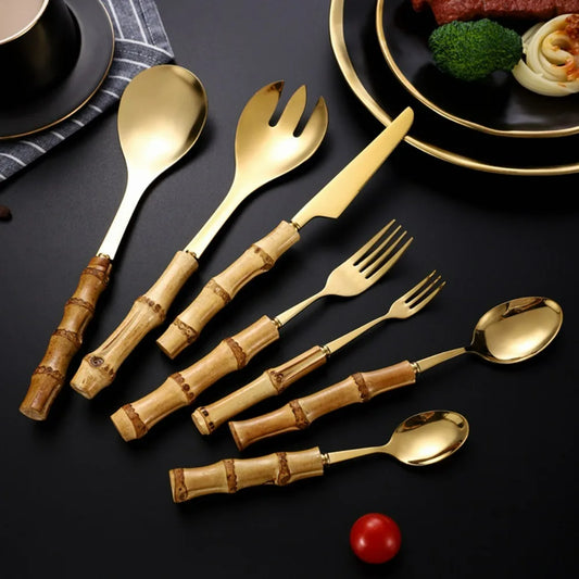 Houseware Tableware Stainless Steel Bamboo Handle 7pcs Stainless Steel Fork Spoon Knife Set Tableware Deluxe High Quality